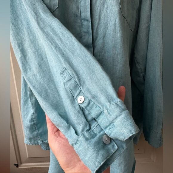 J. Jill Love Linen Button Up Tunic Shirt Turquoise Blue 100% Linen Size L - Picture 6 of 14